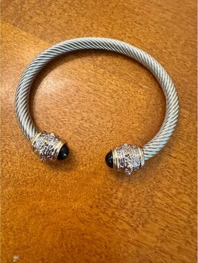 Silver-Tone Twisted Cable Cuff Bracelet with Black Stone Ends 351